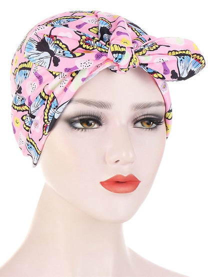 6 Colors New Fashion Bandanas Women Print Knotted Twist Turban Hat Twist Hijab Bonnet Cap India Hat Rabbit Ear Headband Muslim Hijab for Women