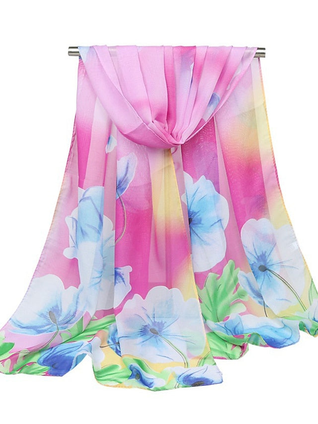 Thin Style Chiffon Georgette Print Beach Scarf Gradient Color Flower Summer Sunscreen Bandana Scarf&Shawl for Women