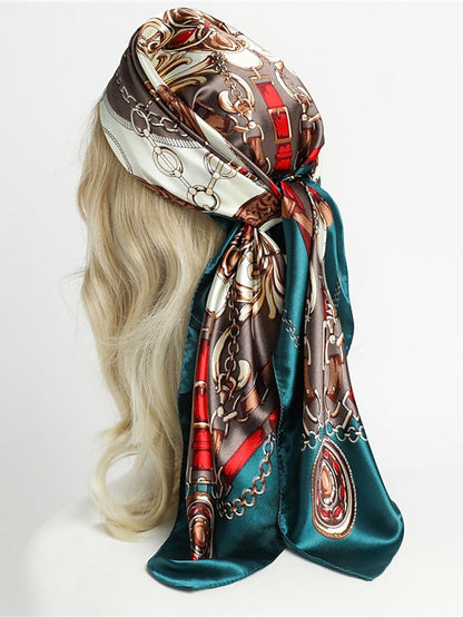 1pcs 90*90cm Fashion Chain Print Scarves Women Shawl Satin Hijab Female Bandana Square Ladies Foulard Wrap Pareo Headcloth for Women