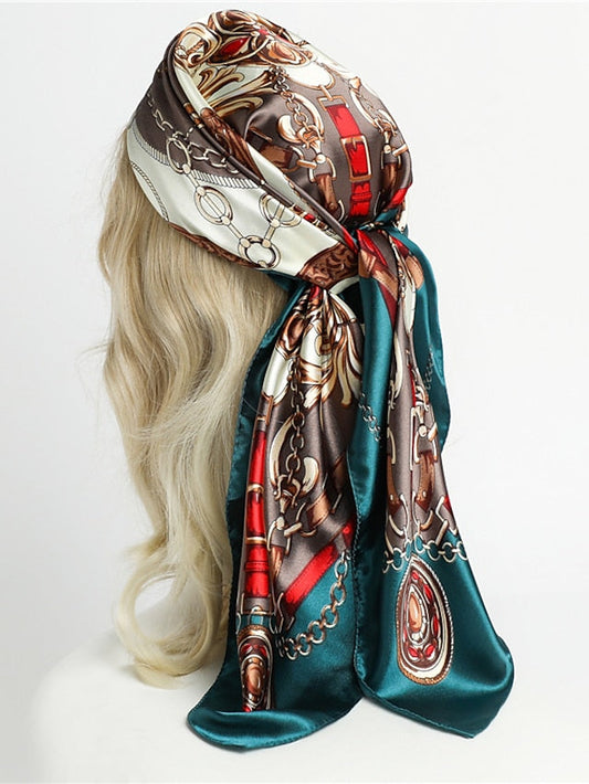 1pcs 90*90cm Fashion Chain Print Scarves Women Shawl Satin Hijab Female Bandana Square Ladies Foulard Wrap Pareo Headcloth for Women