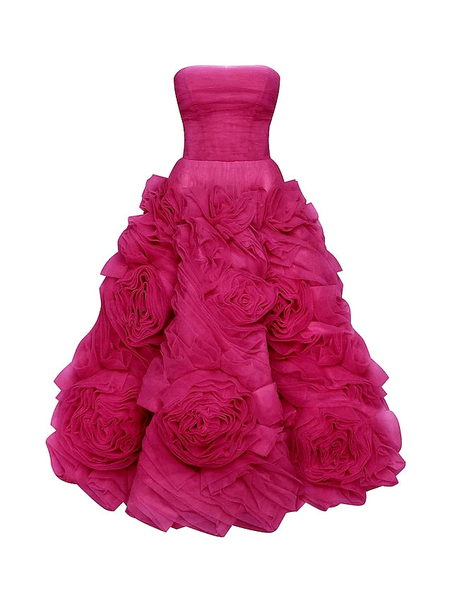 A-Line Prom Dresses Floral Dress Masquerade Ankle Length Sleeveless Strapless Tulle Backless with Floral 2023