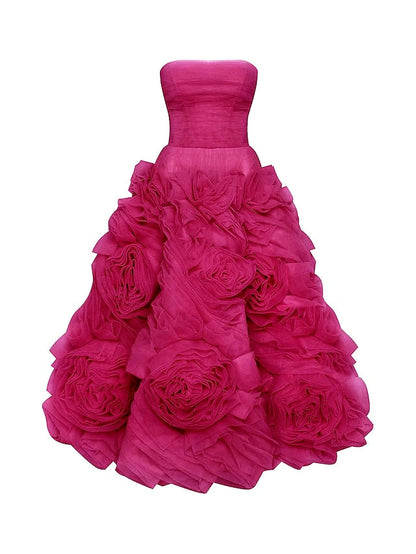 A-Line Prom Dresses Floral Dress Masquerade Ankle Length Sleeveless Strapless Tulle Backless with Floral 2023