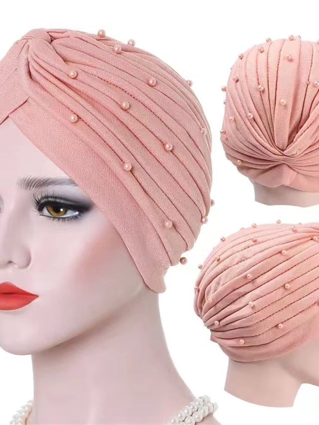 Boutique Solid Folds Pearl Muslim Turban Scarf Women Elastic Islamic Inner Hijab Caps Arab Wrap Head Femme Musulman Turbante for Women