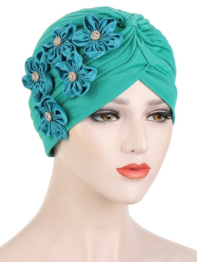 Elegant Women Five Flowers Turban Caps Muslim Elastic Crystal Party Headscarf Bonnet Ladies Hair Accessories Indian Cap for Women