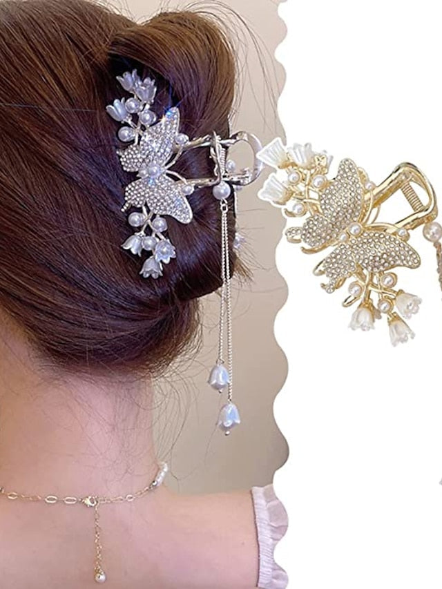 1PC Butterfly Hair Clip Metal Hair Claw Clip Bell Orchids Pearl Tassel Gold Fashion Nonslip Hair Clips Cute Claw Clips with Rhinestones Thick Hair Styling Hair Accessories for Women Christmas Gifts for Women