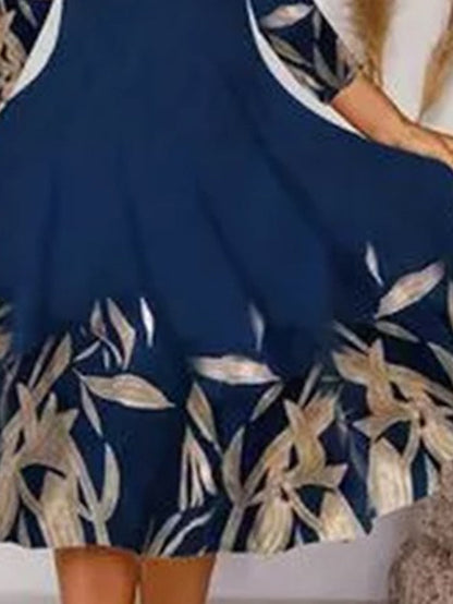 A Line Dress Midi Dress Dark Blue Long Sleeve Floral Print Summer Spring V Neck Casual Winter Dress Fall Dress  S M L XL XXL 3XL for Women