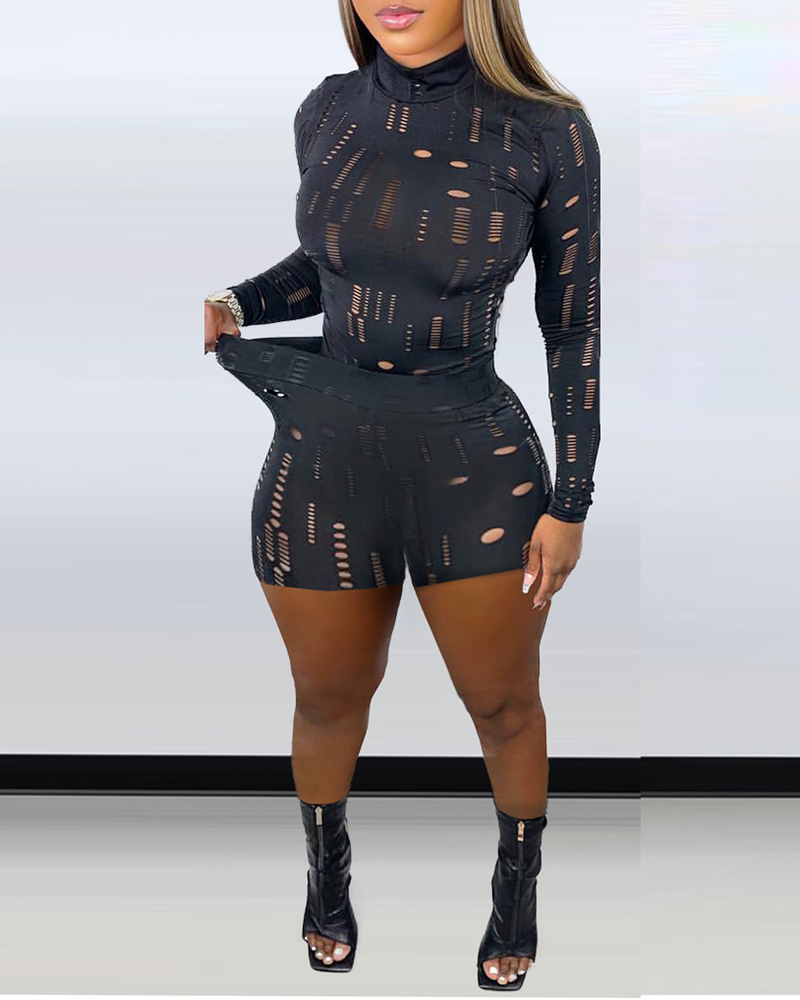 Elastic Ripped High Collar Long Sleeve Suit