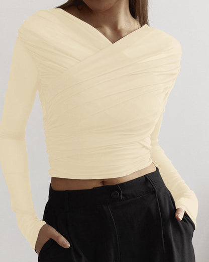 Solid Color Mesh Sexy Pleated Long Sleeve T-Shirt