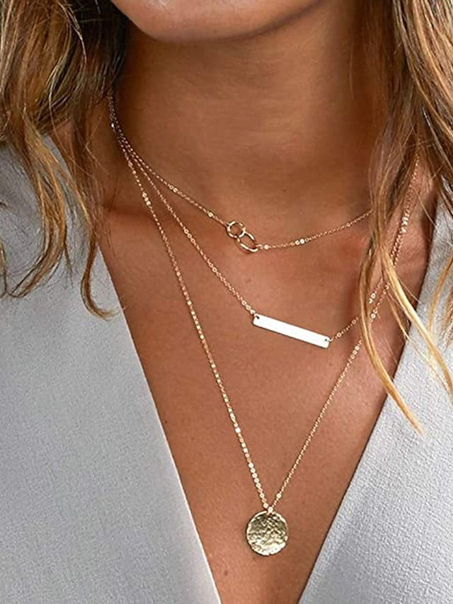1PC Necklace  Layered Choker Necklace Handmade 14K Gold Plated Y Pendant Necklace Multilayer Bar Disc Necklace Adjustable Layering Choker Necklaces for Women for Women