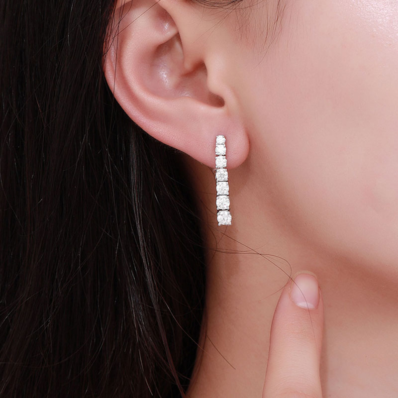 Sterling Silver Moissanite Linear Drop Earrings with Iced Out Design