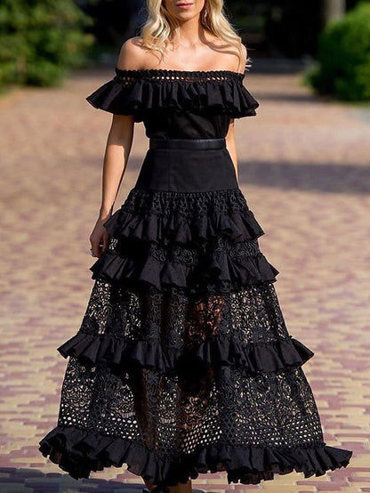 A Line Dress Maxi long Dress White Black Short Sleeve Solid Color Ruffle Spring Summer Off Shoulder Party Hot Romantic  S M L XL for Women