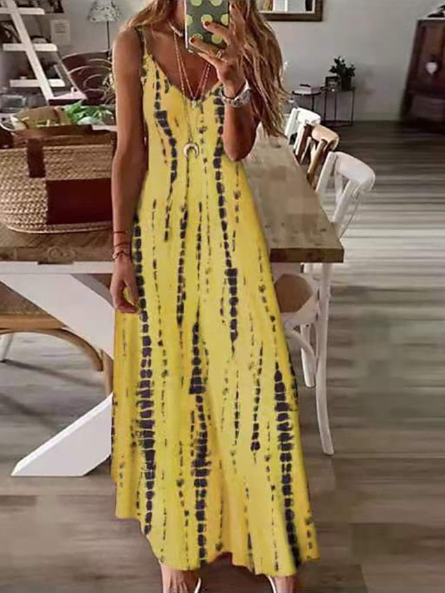 A Line Dress Slip Dress Long Dress Maxi Dress White Yellow Blue Sleeveless Print Print Spring Summer Spaghetti Strap Casual  S M L XL XXL 3XL 4XL 5XL for Women