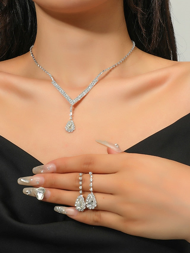 3pcs Bridal Jewelry Sets Bride Jewelry Set Silver Crystal Wedding Necklace Earrings Bridal Rhinestone Teardrop Pendant Accessories for Women and Bridesmaids (3 piece set - 2 earrings and 1 necklace for Women
