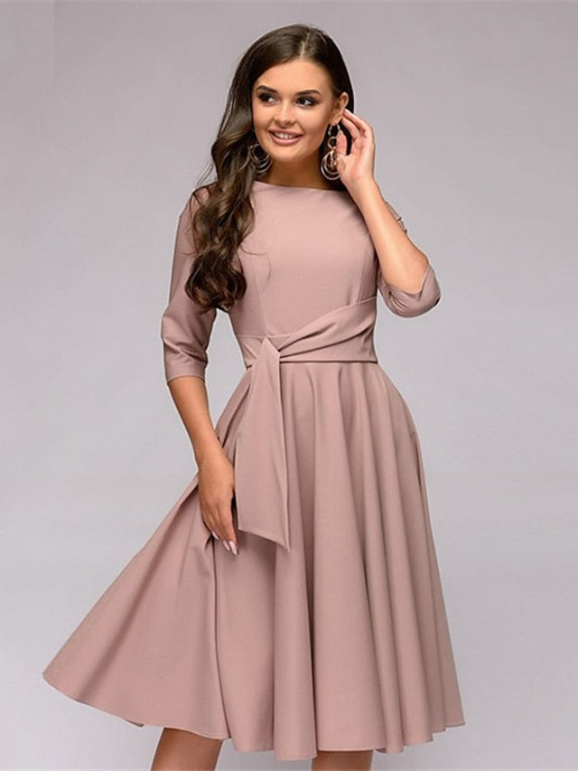 A Line Dress Knee Length Dress Dark Green Navy Blue Beige 3/4 Length Sleeve Pure Color Lace up Fall Spring Round Neck Stylish Elegant Casual Party Slim  S M L XL XXL for Women