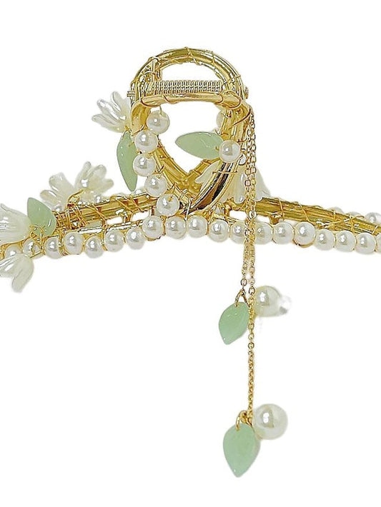 1 PC Hair Clips Meta Pearl Hair Claw Clip Big Nonslip Gold Hair Clamps Hair Accessories Tassel Hair Catch Clip for Women and Thinner Thick Hair Styling for Women