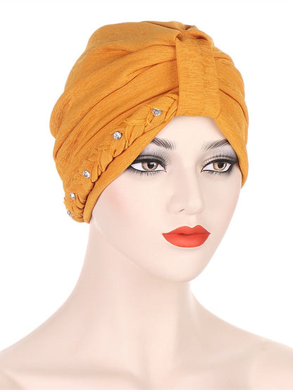 1PCS Trendy Two Dress Braid Turban Cap for Women with Crystal Muslim Head Wrap Islam Hijab Bonnet Hair Care Hat for Women