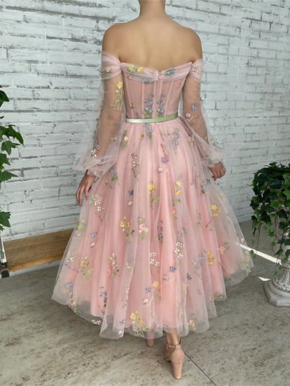 A-Line Prom Dresses Floral Dress Wedding Guest Ankle Length Long Sleeve Off Shoulder Lace with Embroidery Appliques 2023