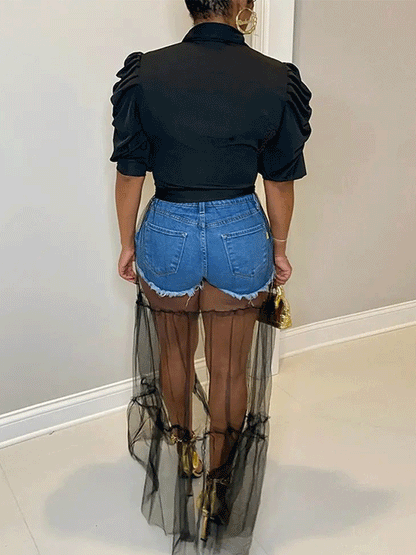 V-neck Shirt Mesh Patchwork Dress