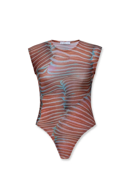 Bella Stretch Mesh Unique Print Bodysuit and High Rise Elastic Waist Maxi Skirt Set