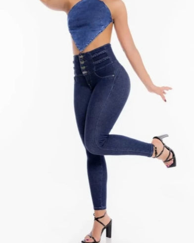 Wideband Waist Button Front Skinny Jeans