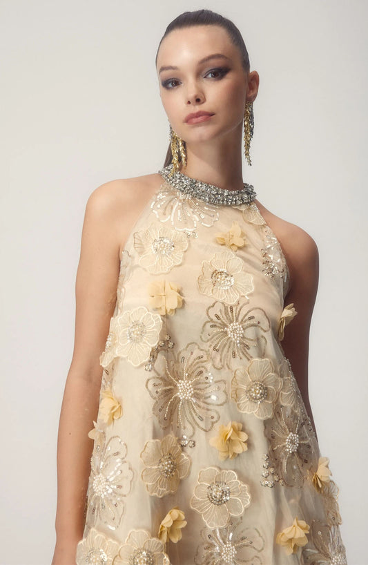 Minivestido con lentejuelas bordadas y estampado floral estilo halter Ella