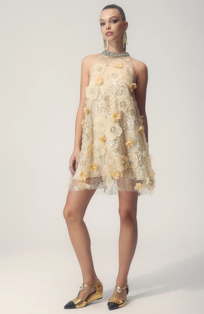 Minivestido con lentejuelas bordadas y estampado floral estilo halter Ella