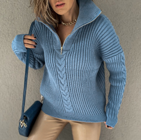 Jersey de punto trenzado con media cremallera y diseño estampado para mujer | Ideal para otoño/invierno