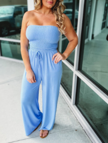 Women's Casual Strapless Smocked Jumpsuit with Drawstring | Ideal for Spring/Summer