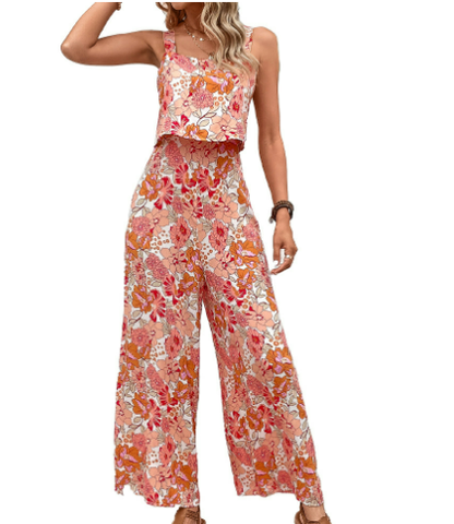 Conjunto de dos piezas para mujer: top corto sin mangas y pantalón de cintura alta con estampado floral | Ideal para primavera/verano