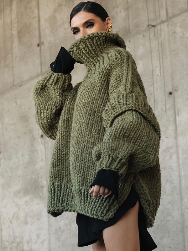 Jersey de punto extragrande de cuello alto para mujer con mangas voluminosas | Ideal para otoño/invierno