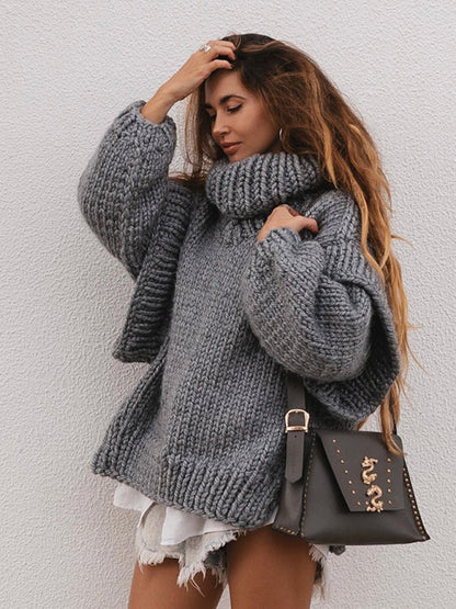 Jersey de punto extragrande de cuello alto para mujer con mangas voluminosas | Ideal para otoño/invierno