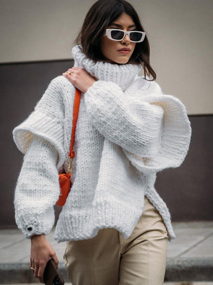 Jersey de punto extragrande de cuello alto para mujer con mangas voluminosas | Ideal para otoño/invierno