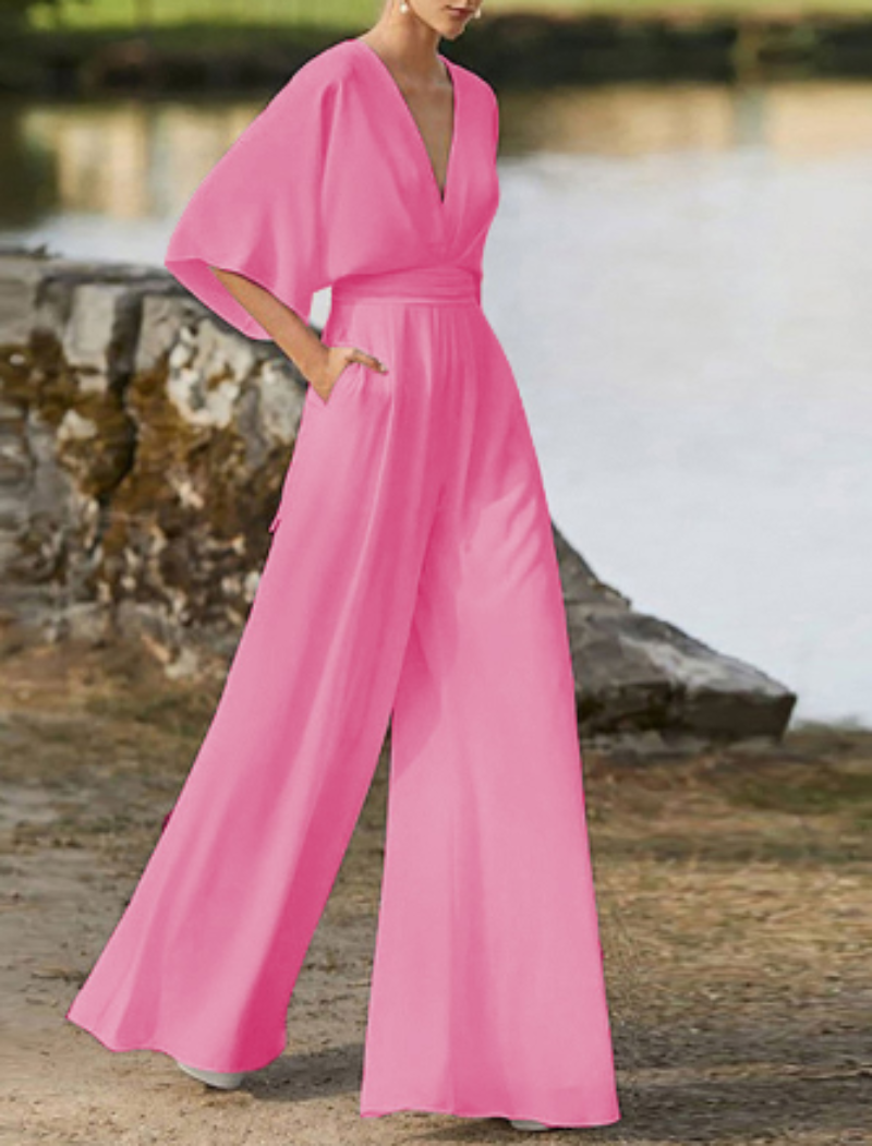 Women's Stylish V-Neck Wide-Leg Jumpsuit with Batwing Sleeves | Ideal for Spring/Summer