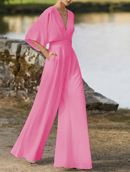 Women's Stylish V-Neck Wide-Leg Jumpsuit with Batwing Sleeves | Ideal for Spring/Summer