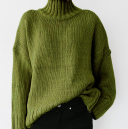 Elegante jersey de punto de cuello alto de cachemira verde hierba para mujer | Ideal para otoño/invierno