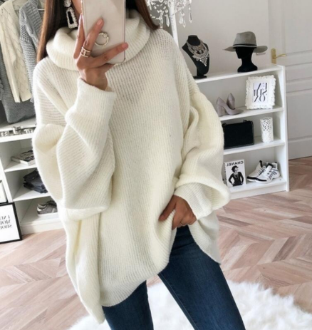 Jersey de punto beige de cuello alto para mujer | Ideal para otoño/invierno