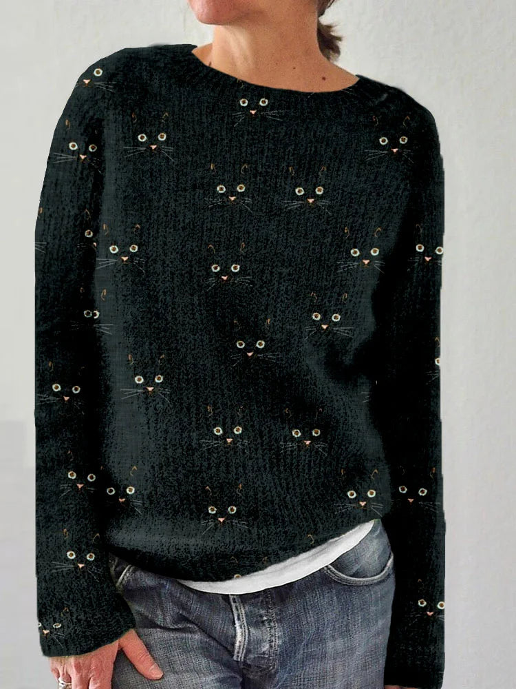 Suéter de punto con cuello redondo y estampado de caras de gato para mujer | Ideal para otoño/invierno