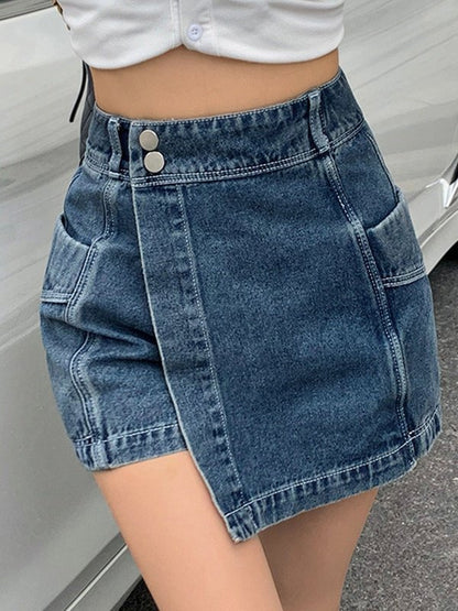 High Waist Irregular Denim Shorts