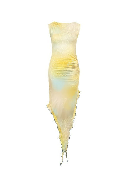 Tie-dye Printed Irregular Ruffle Dress