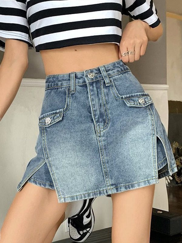 High Waist Slit Denim Shorts