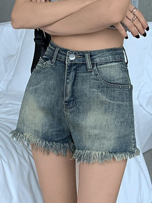 High Waist Frayed Denim Shorts