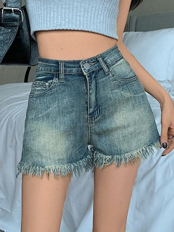High Waist Frayed Denim Shorts