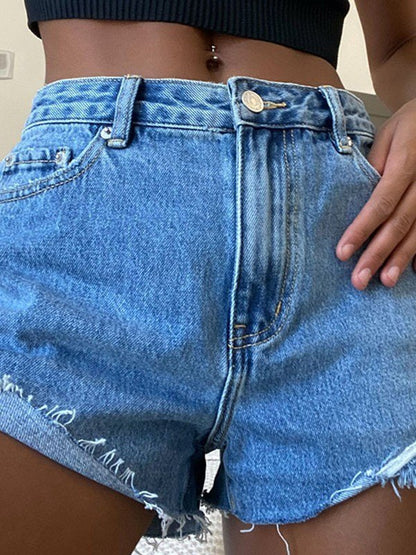 Blue Wash Raw Hem Denim Hot Shorts