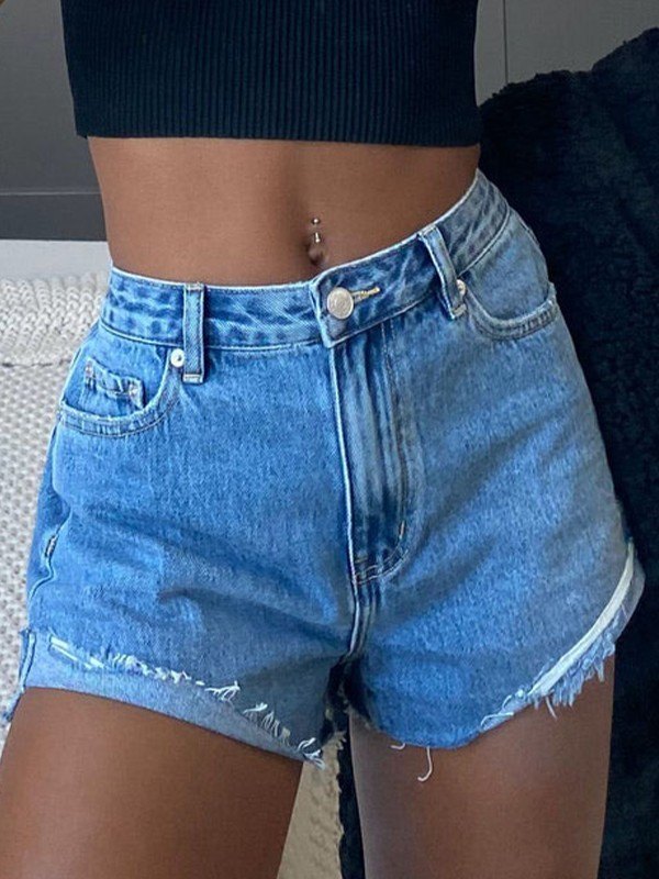 Blue Wash Raw Hem Denim Hot Shorts