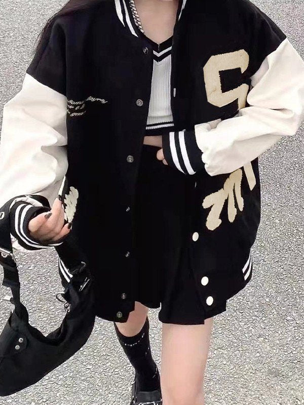 Toweling Embroidered Baggy Varsity Jacket