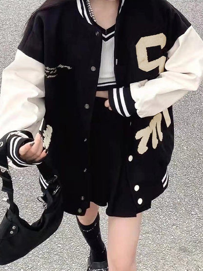 Toweling Embroidered Baggy Varsity Jacket