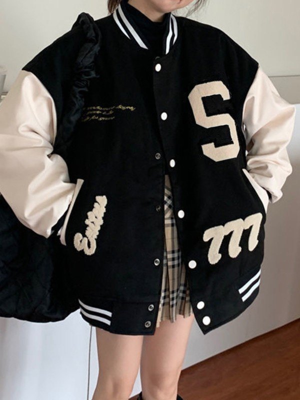 Toweling Embroidered Baggy Varsity Jacket