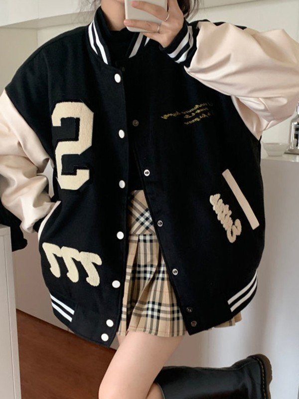 Toweling Embroidered Baggy Varsity Jacket
