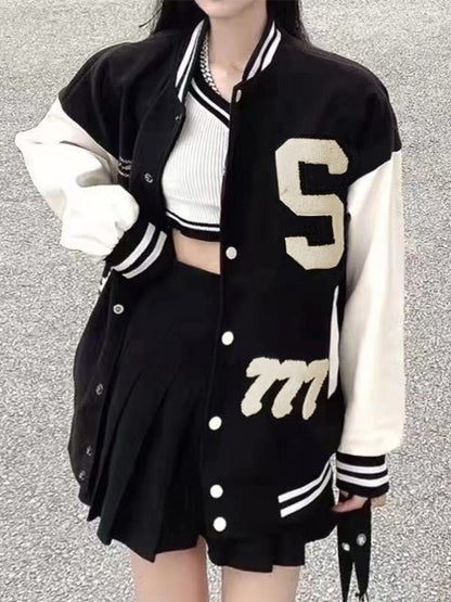 Toweling Embroidered Baggy Varsity Jacket