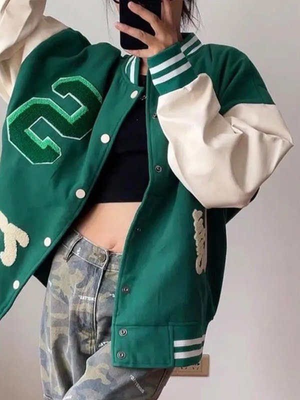 Toweling Embroidered Baggy Varsity Jacket